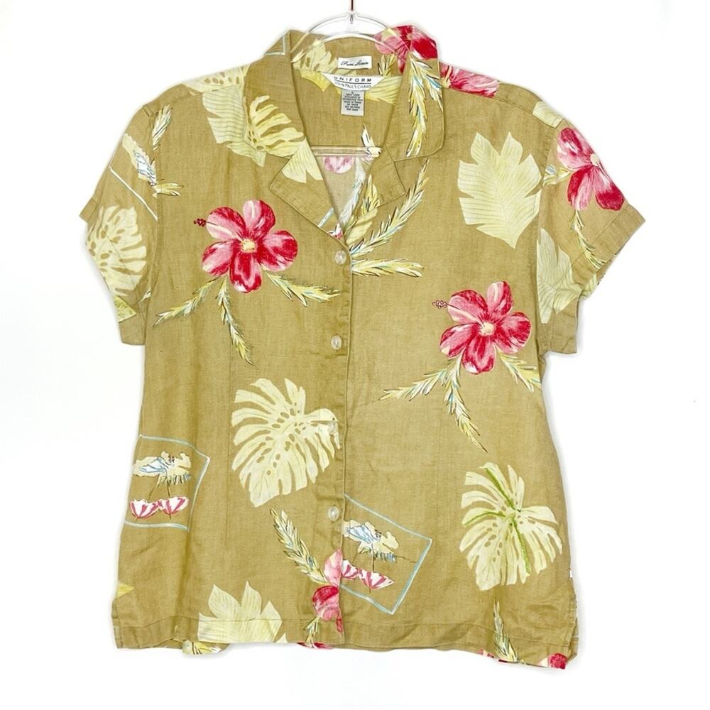 Uniform John Paul Richard 100% Linen Tan Tropical Short Sleeve Button Shirt L
